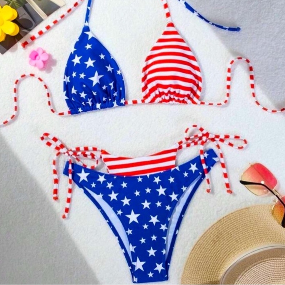 ❤️🤍💙 USA Flag Bikini Set | Red White Blue Tie Side Swimsuit | Patriotic Swimwear